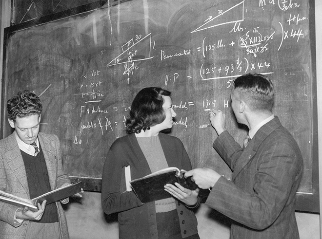 Questioning the lecturer. ExWAAF Miss PETREA CLIFFORD questions the lecturer at Uley High School.